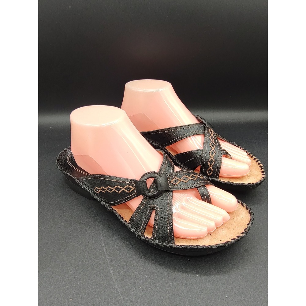 Clarks Artisan Black Leather Thong Slide Sandals Whipstitch Wedge 8.5M 73710
